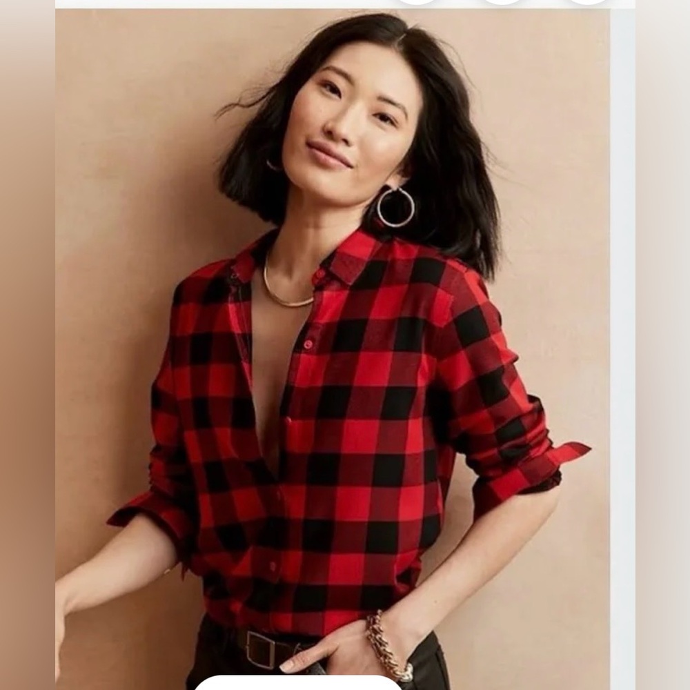 Banana Republic Oversize Boyfriend Shirt Flannel Black & Red Buffalo Check in XS